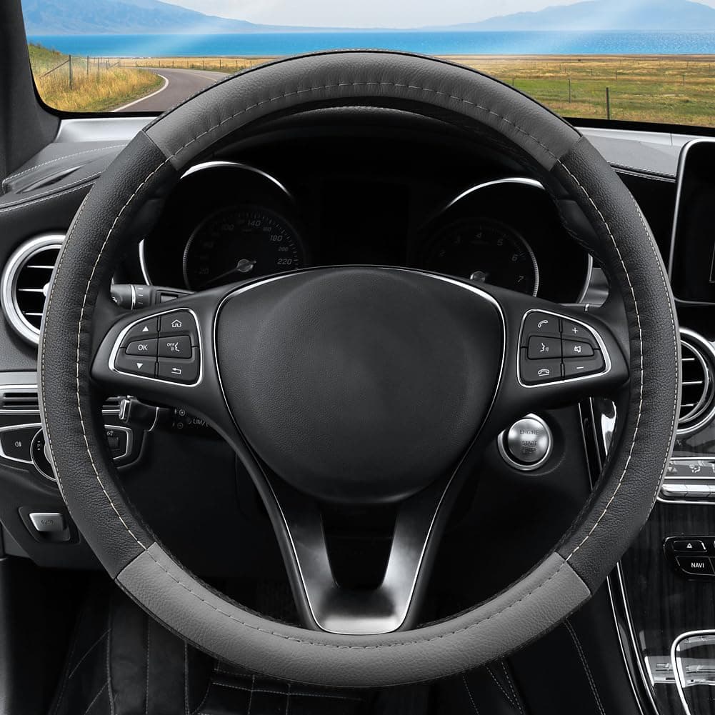 COFIT Microfiber Leather Steering Wheel Cover, Anti-slip Universal Protective Wrap, Car SUV Truck Interior Decor Accessories, Size M 37-38cm Grey and Black — view 5