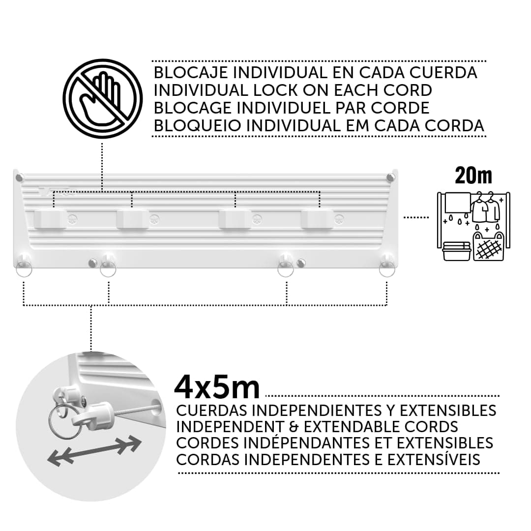 Cuncial TZ-S-4 | Tendedero Automático de Pared 4 Cuerdas | hasta 20 m de Tendido | Extensible 5 m por Cuerda | Blocaje Individual | Interior y Exterior | Compacto y Resistente | Fabricado en España — view 4