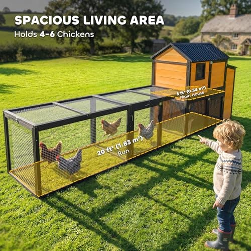 PawHut Large Chicken Coop, 134" L Wooden Chicken House with Run, Nesting Box, Slide-Out Tray, Waterproof Roof and Ramp, Hen House Rabbit Hutch for 4-6 Hens, Rabbits, Yellow — view 2