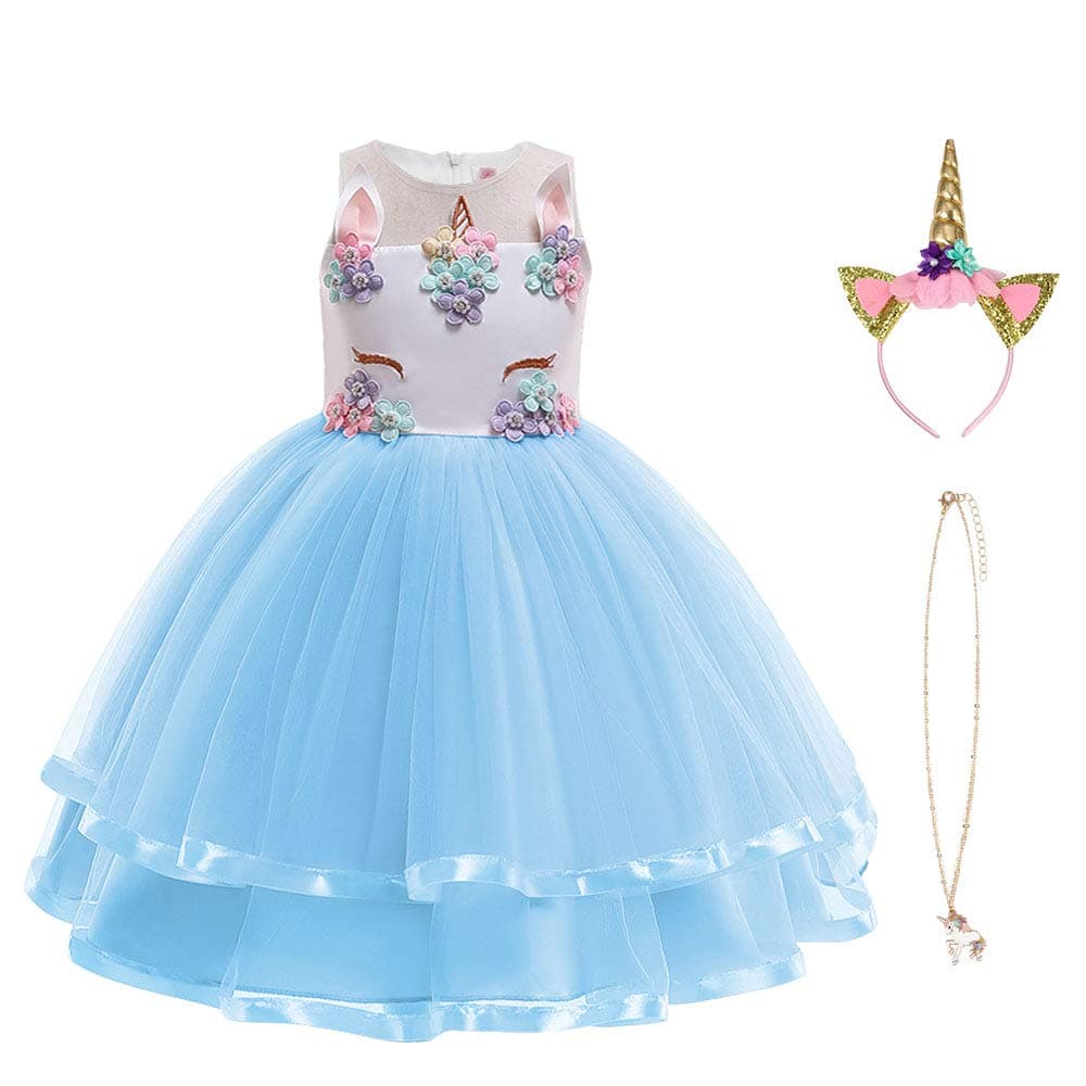 URAQT Disfraz Unicornio Niña, 3pcs Vestido Princesa con Diadema y Collar para Diario, Cosplay, Halloween, Carnaval, Fiesta, Boda, Cumpleaños