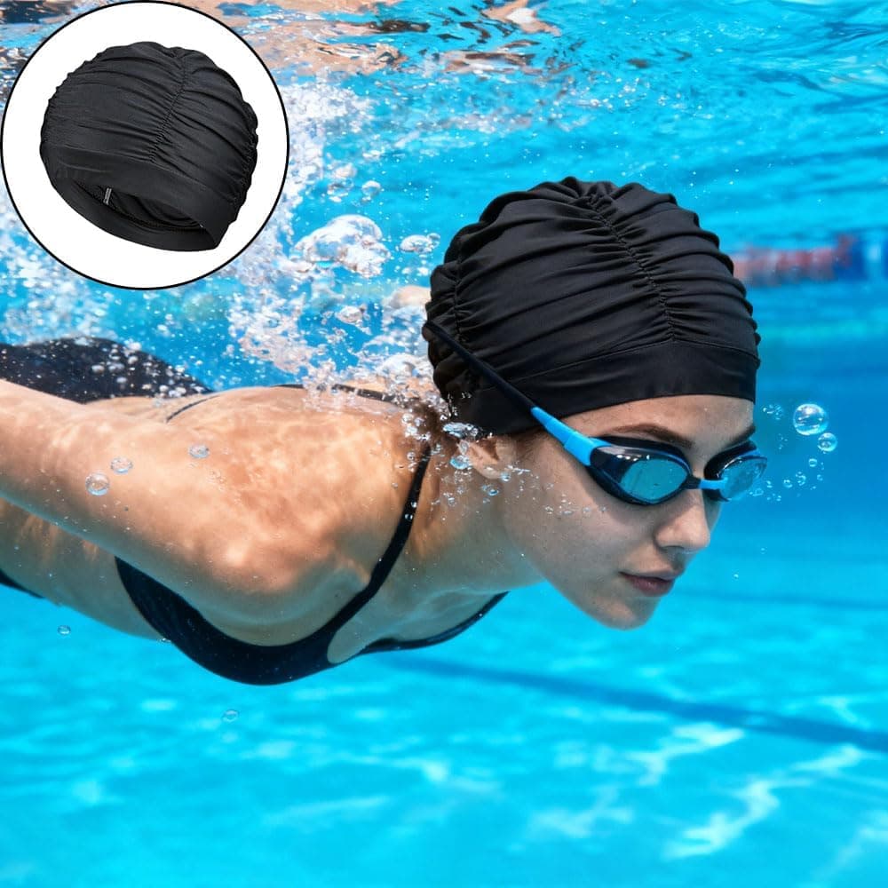2 gorros de natación para mujer, gorro de natación elástico, transpirable, gorro de natación de pelo largo para verano, playa, vacaciones y piscina interior (negro) — view 3