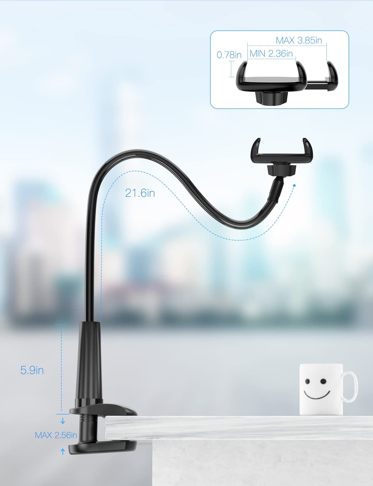 TRYONE Gooseneck Phone Holder Stand for Bed Flexible Arm Adjustable Cell Phones Mount Clamp on Desk Bedframe Compatible with iPhone 14 Pro Max 13 12 11 X SE Series/Samsung S22 or Other 4"-7" Devices — view 5
