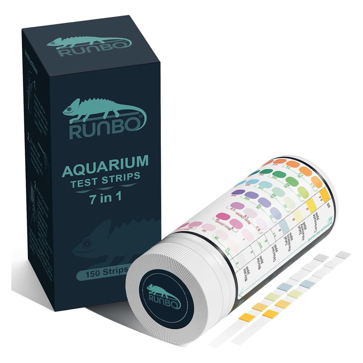 RUNBO Tiras de prueba 7 en 1 para acuario, 150 unidades, kit de prueba de acuario para estanque de peces de agua dulce, prueba precisa de la dureza total alcalinidad total carbonato nitrato nitrito