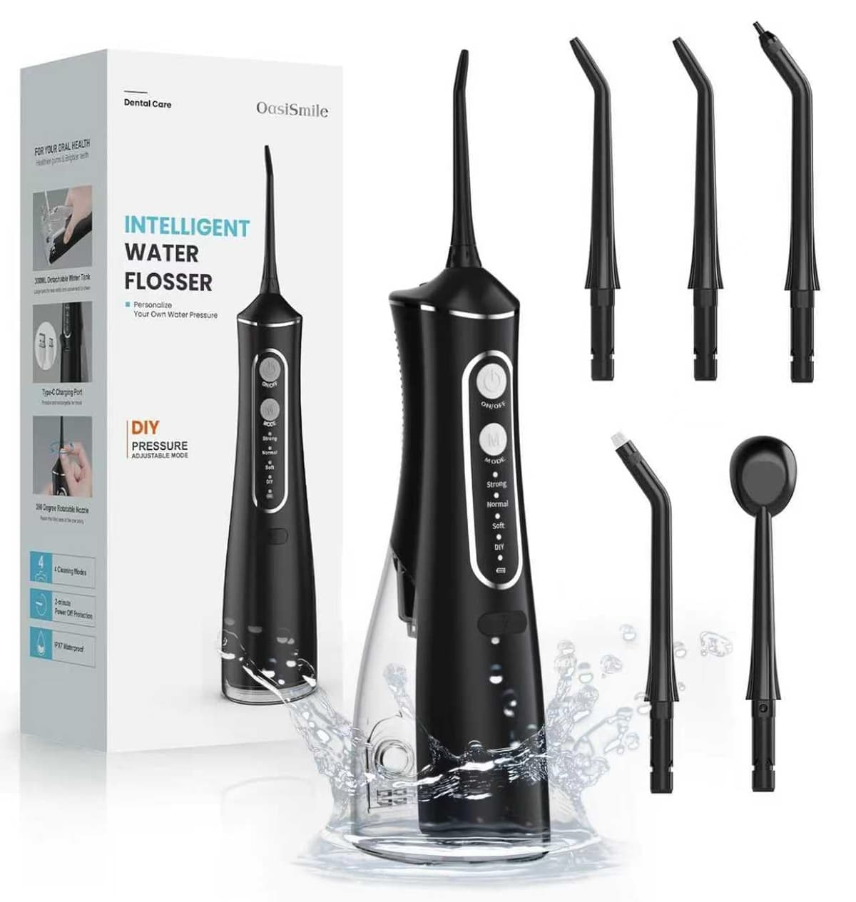 Irrigador Dental Portátil, 300ML Irrigador Dental Profesional con 5 Boquillas y 4 Modos, Tecnología DIY de Autoajuste, Irrigador Bucal Inalámbrico para Viajes y Hogar, Impermeable IPX7