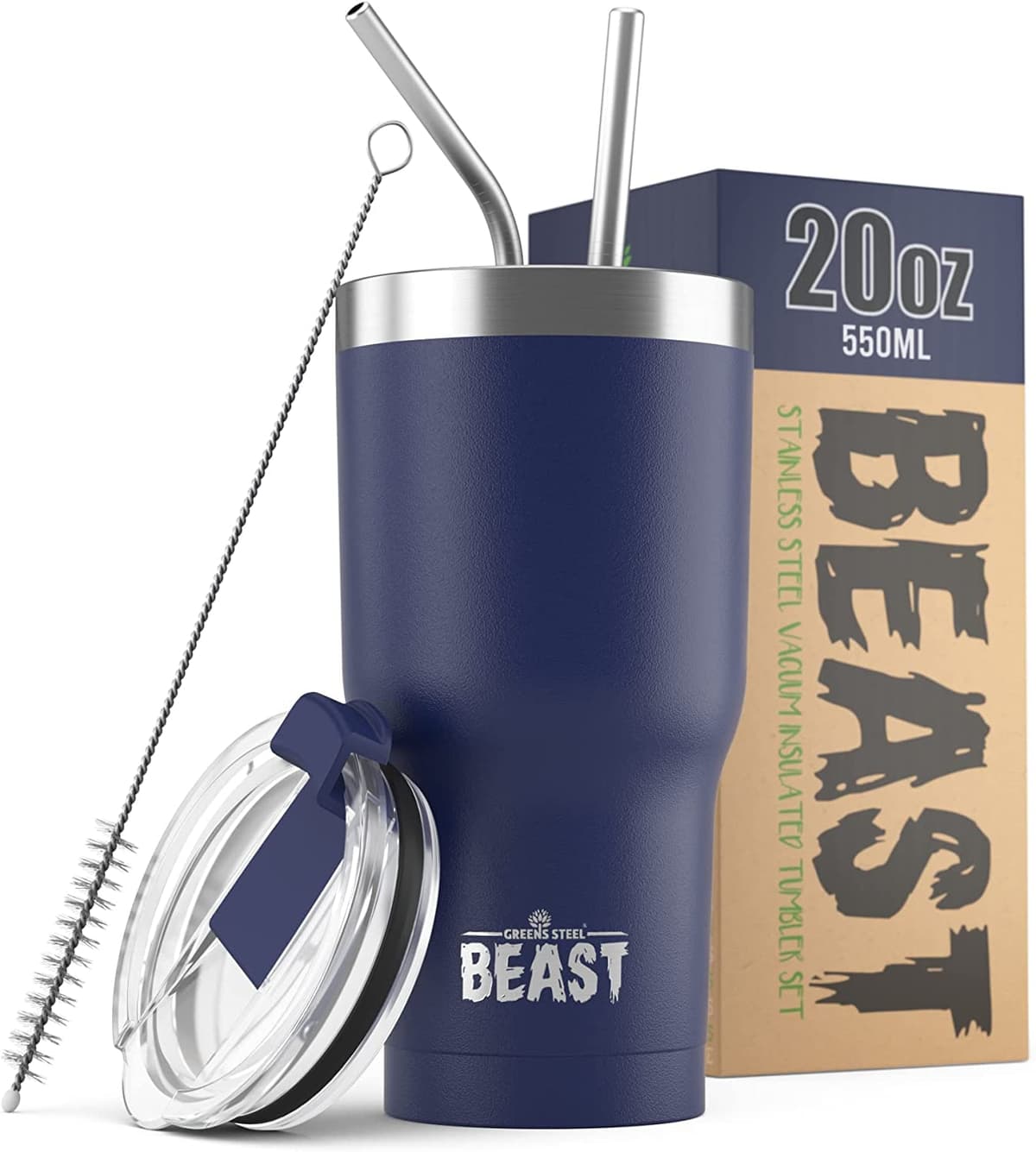 Greens Steel Beast Tumbler – 550 ml (20 oz), Coral | Vaso de acero inoxidable reutilizable con aislamiento al vacío | con 2 pajitas y cepillo de limpieza | Termo de viaje de doble pared — view 64