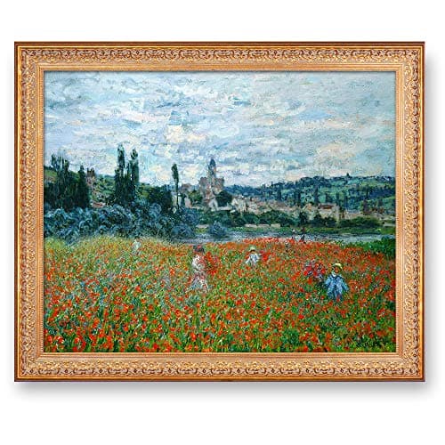 Poppy Field near Vetheuil 1879 by Claude Monet Framed Size:34.5x28.5 inches,Image Size:30x24 inches World Classic Reproductions For HomeDecor,Vintage Pattern Gold Frame