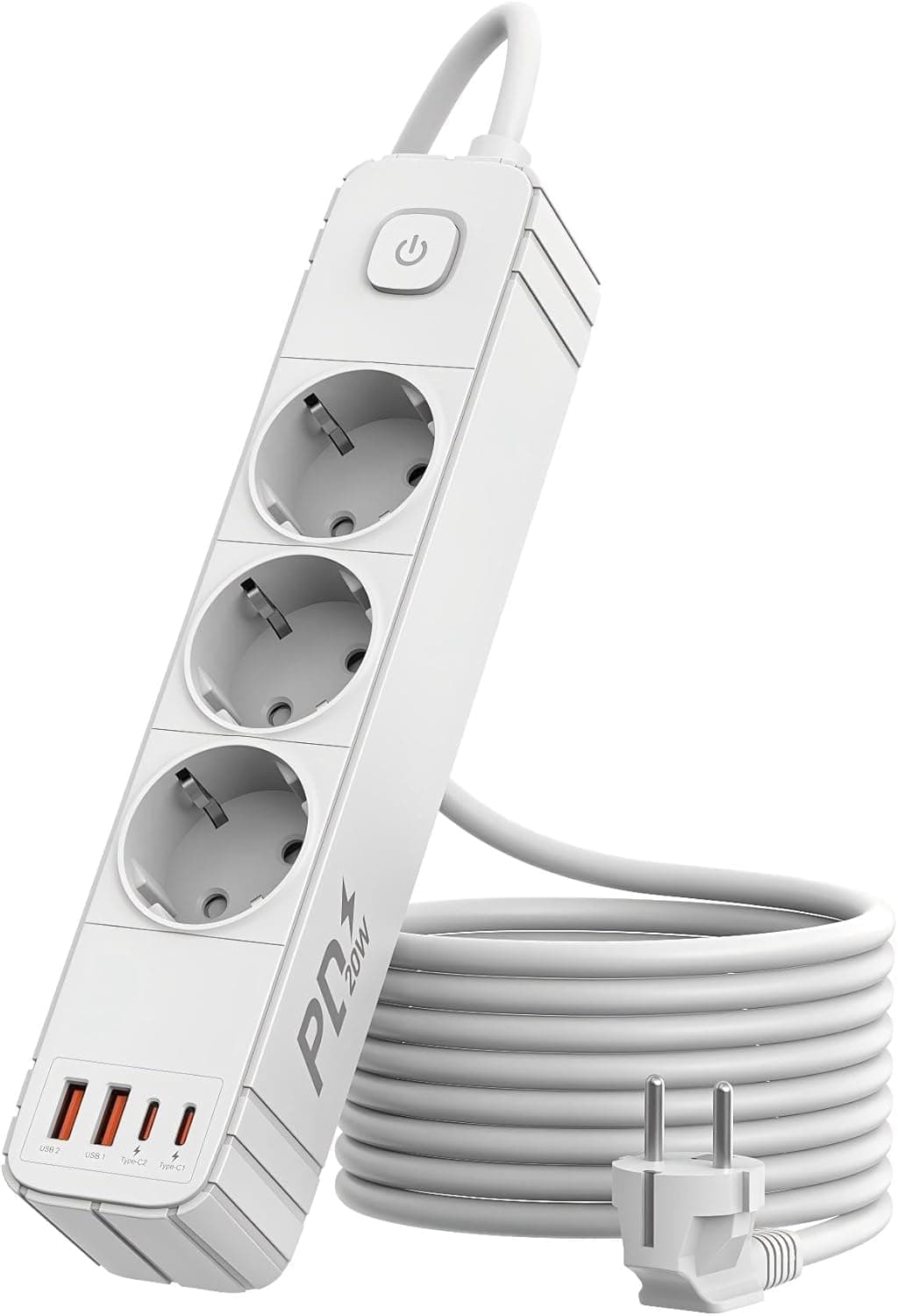 Regletas Enchufes con 3 Tomas y Interruptor, Enchufe Múltiple de Carga 2 USB A y 2 USB C (PD 20W), Protección Sobretensión, Cable 1.9m, Ideal para Viajes y Hogar