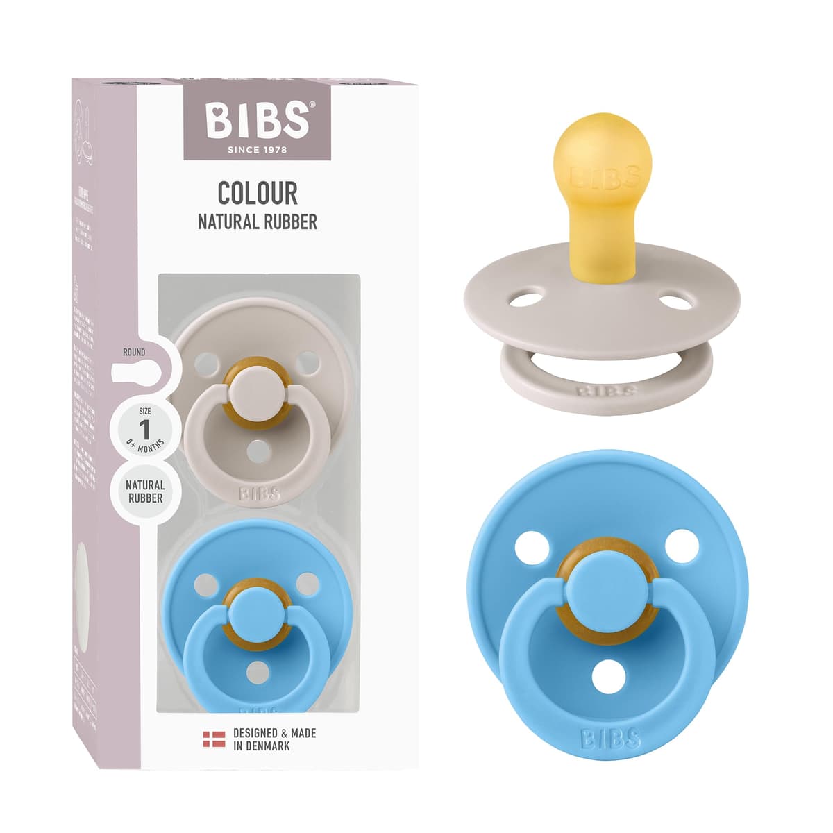BIBS Colour Soother 2-Pack, BPA Free Dummy Pacifier, Round Nipple. Natural Rubber Latex, Size 2 (6-18 Months), Sky Blue/Steel Blue — view 48