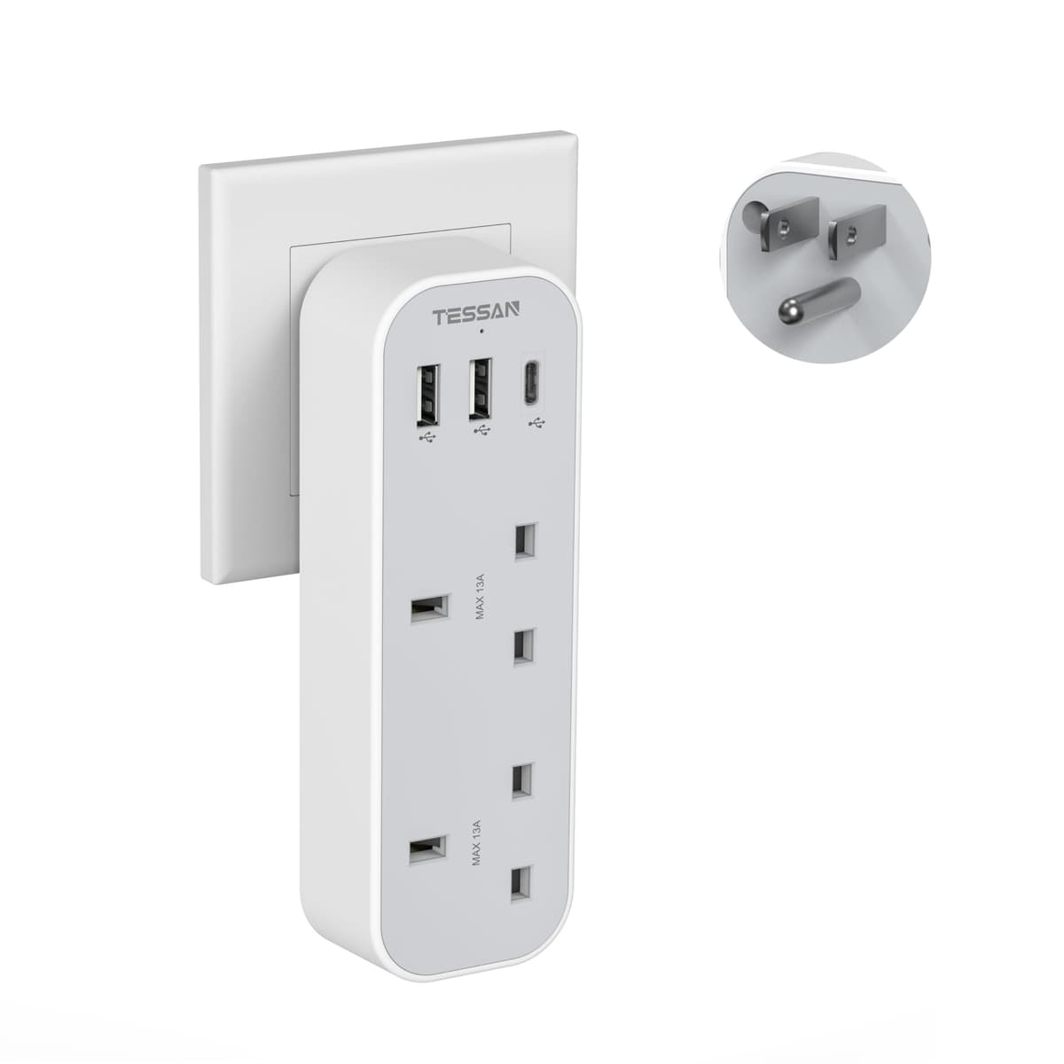 UK to Switzerland Plug Adapter, TESSAN Swiss Plug Adapter with 3 USB Ports (1 USB C), 2 Way Grounded Type J Travel Adaptor for Jordan, Liechtenstein, Madagascar, Rwanda — view 9