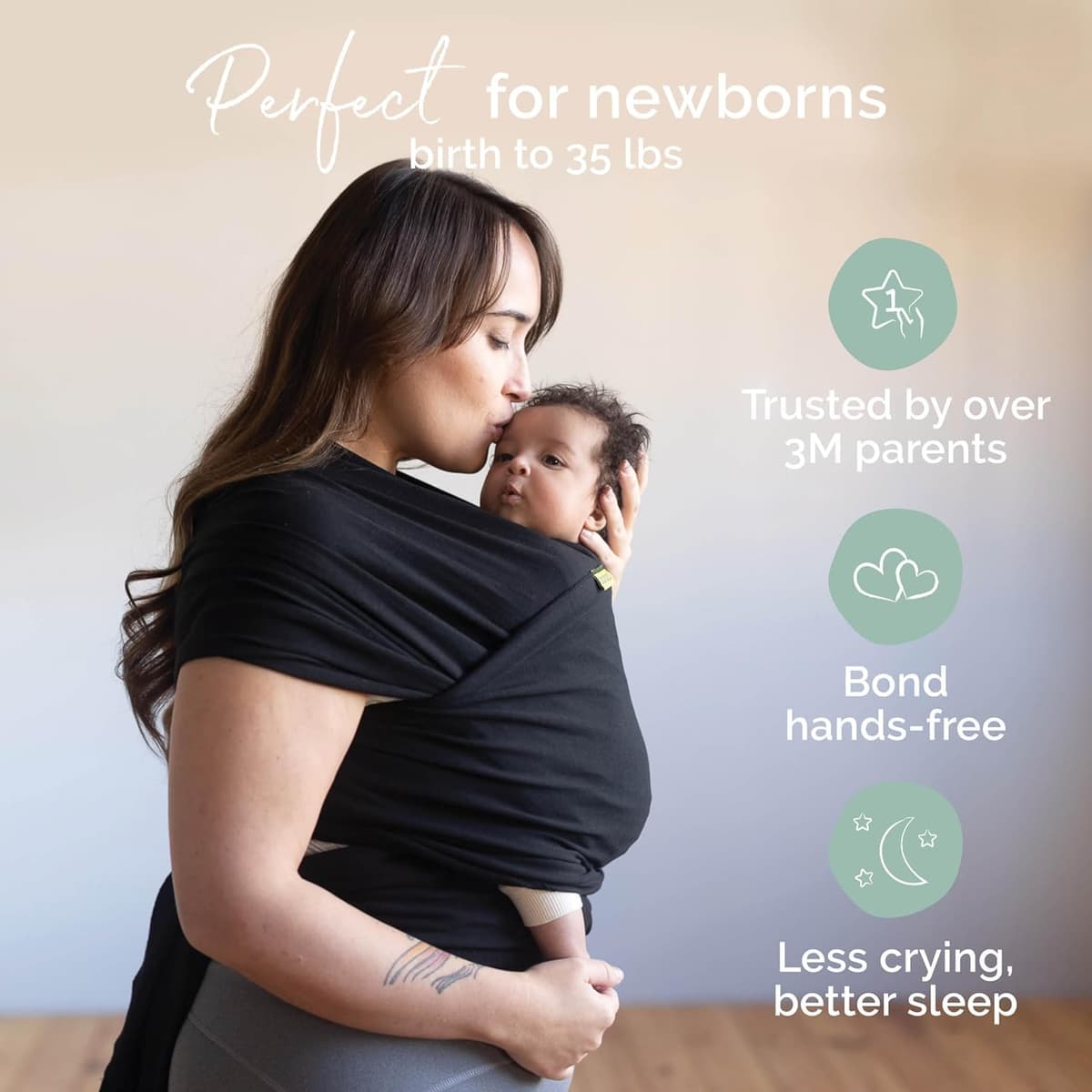 Boba Baby Wrap Carrier – Original Baby Sling Carrier for Newborns (7–35 lbs), Soft, Secure, Hands-Free & Ergonomic, Ideal for Comfortable Bonding, New Parents (Black) — view 3