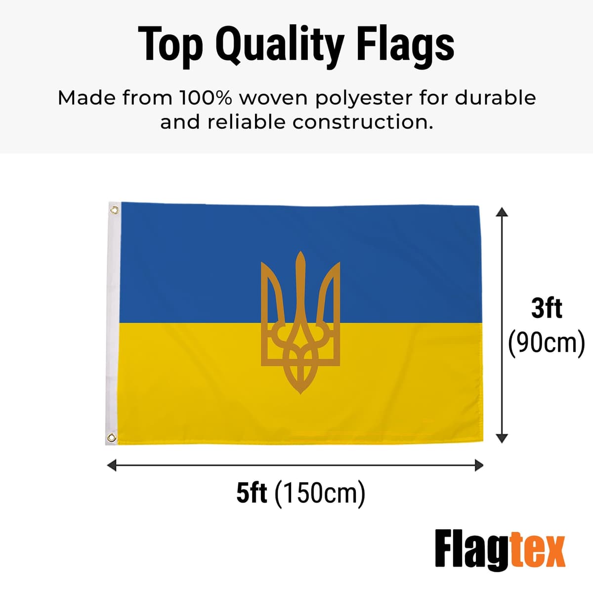 Ukraine Flag with Trident Crest 5ft x 3ft (150cm x 90cm) - Ukrainian State Flag with Coat of Arms, Weather Resistant National Crest Flag, Tryzub Banner — view 3