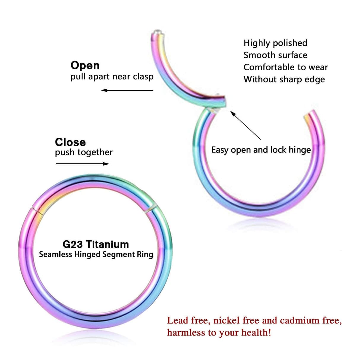 hengkaixuan 2Pcs Titanium Nose Hoop Rings Hinged Segment Clicker Rings Cartilage Helix Lip Tragus Conch Piercing Jewellery Sleeper Earrings Septum Lobe Hoop Earrings — view 4