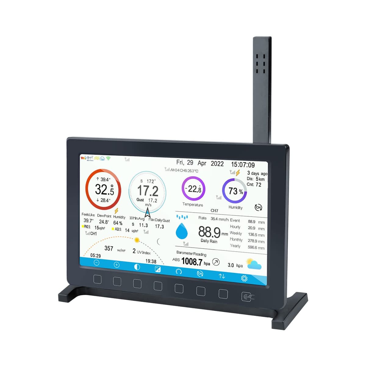 ECOWITT HP2560 Consola para estaciones meteorológicas, pantalla interior TFT en color de 7 pulgadas con botón táctil, accesorio, sensores 3 en 1 incorporados, compatible con exteriores WS90/WS85/WS69 — view 4