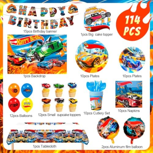 10 Guests Racing Birthday Party Tableware, Hot Car Party Plates Napkins Wheels Balloons Banner Backdrop Cake Toppers etc for Racing Hot Car Birthday Party Decorations Supplies