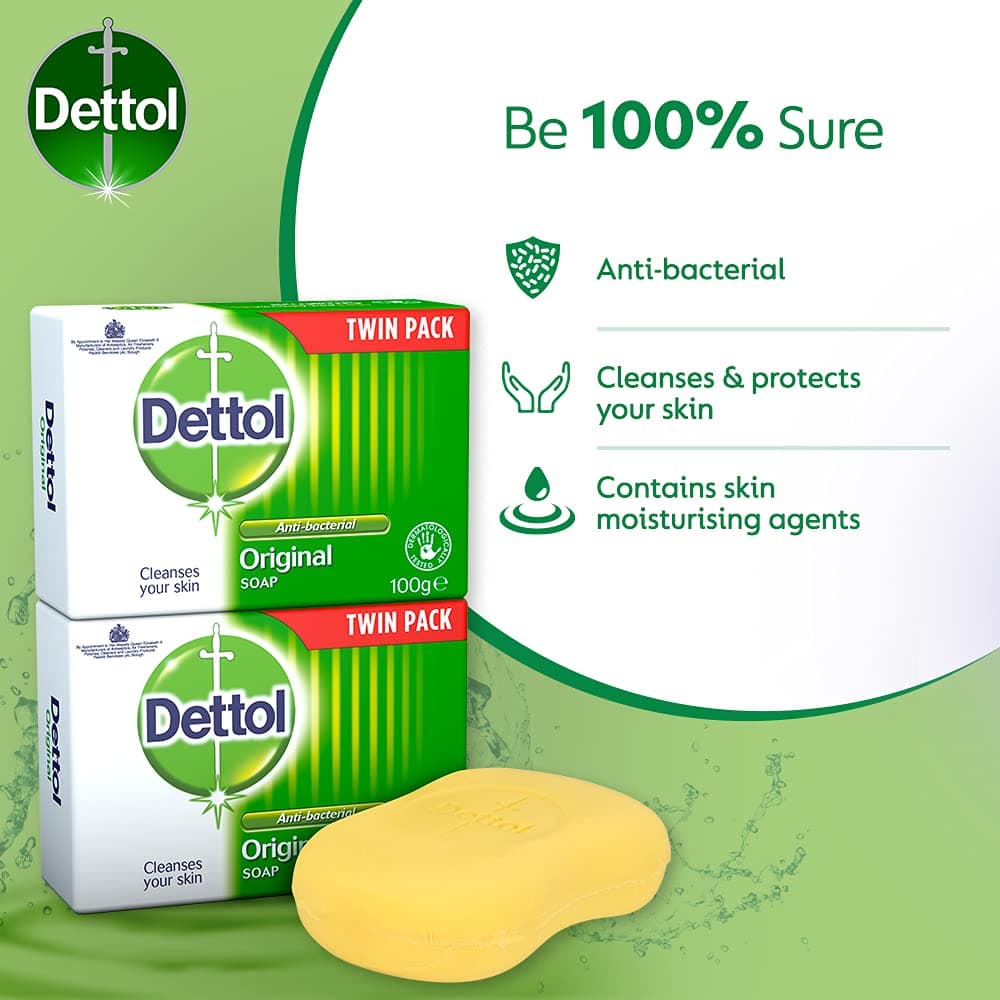 Dettol Soap, Original Antibacterial Bar, 2 Pack (100g x 2) Disinfectant, Soft on Skin, Tough on Dirt, Suitable for Everyday Use, Contains Skins Moisturising Agents, Kills 99.9 Percent of bacteria — view 2