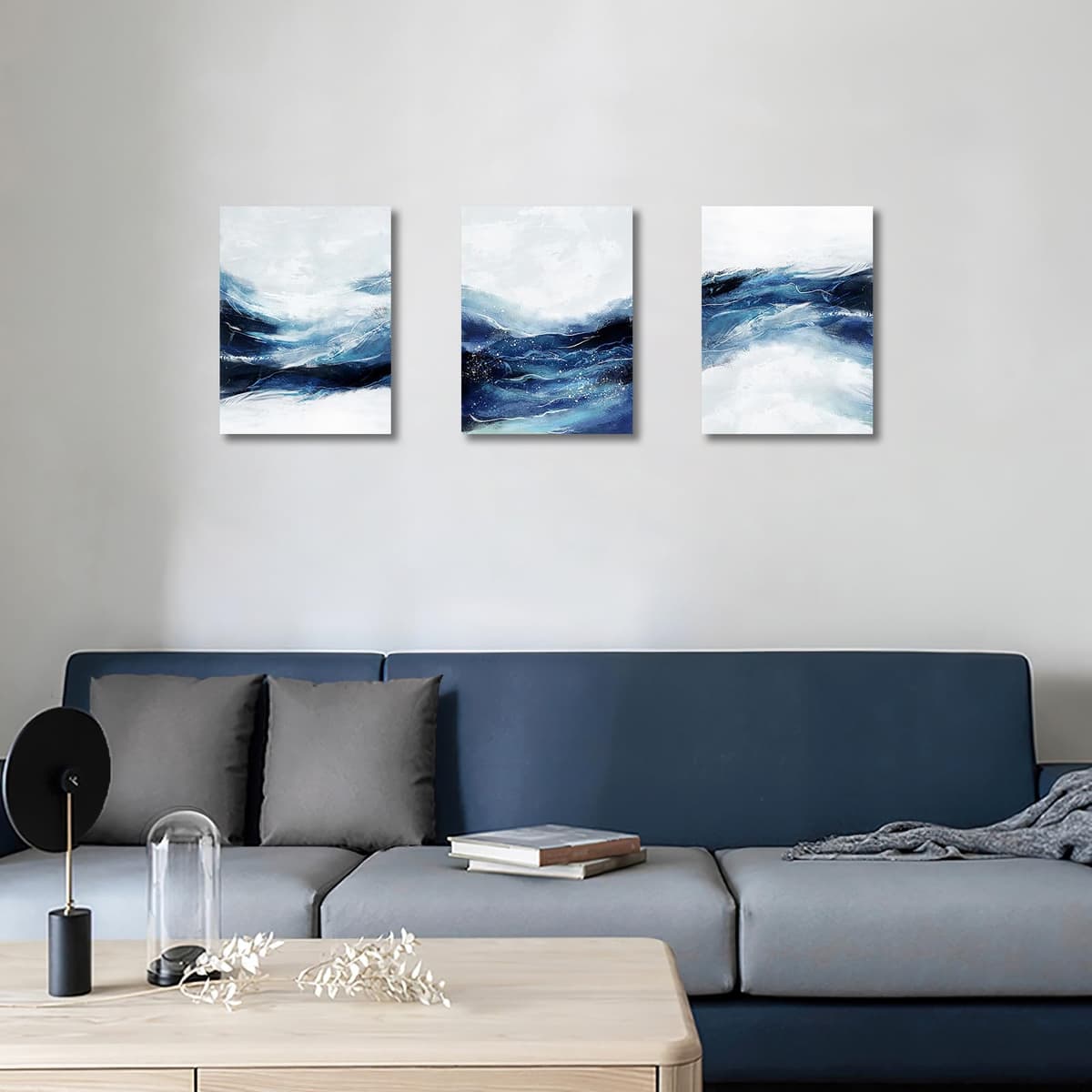 FajerminArt 3Pcs Dark Blue Modern Living Room Painting Framed Abstract Blue White Canvas Wall Art Pictures Printing Canvas Artwork Wall Decor for Bedroom Bathroom Office Ready to Hang 30x40cmx3 Pcs — view 3
