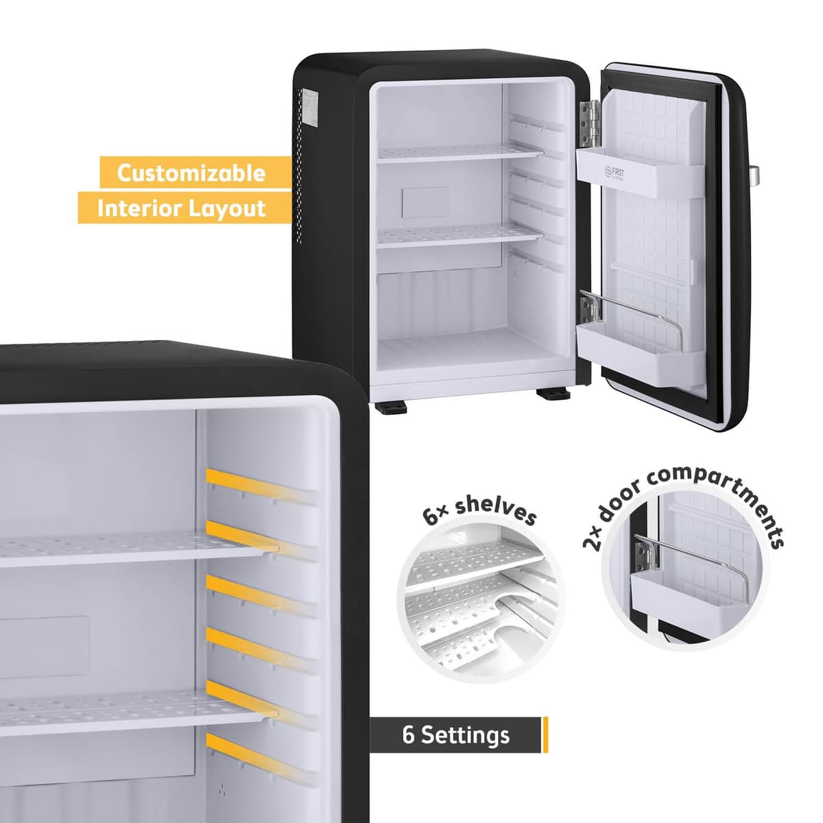 TZS First Austria - Retro Mini Fridge 40L Silent - Small mini fridge in vintage design with interior lighting & 2 door compartments - Minibar for camping, office, bedroom & hotel - black — view 4