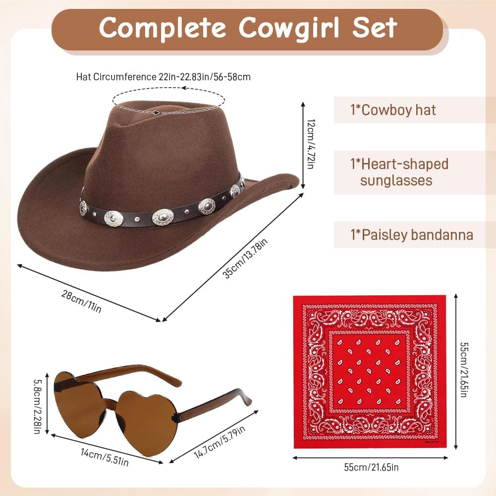 Sombrero Vaquera 3 Piezas Sombrero de Vaquero Accesorios Sombreros Vaquero del Oeste Traje Sombreros Vaquera con Pañuelo Cuadrado y Gafas para Vacaciones Fiestas Temáticas — view 2