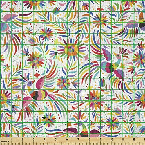 Ambesonne Mexican Fabric by The Yard, Colorful Nature Inspired Pattern Birds Flowers Leaves and Dots Creativity, Microfiber Fabric for Arts and Crafts Textiles & Decor, 1 Yard, Red