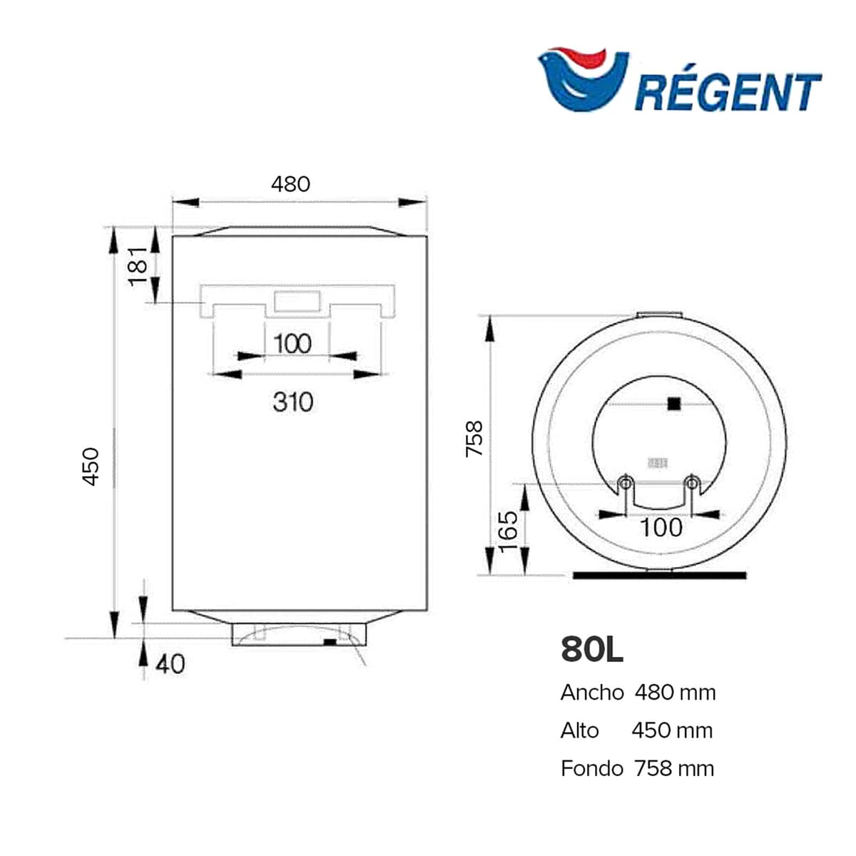 Regent - Termo Eléctrico 80 Litros, Calentador de Agua Eléctrico Vertical Seguro Duradero con Luz Piloto, 48x45x77.8 cm - Calentadores Fabricados para Instalación en España - Eficiencia C Rango (A+/F) — view 4