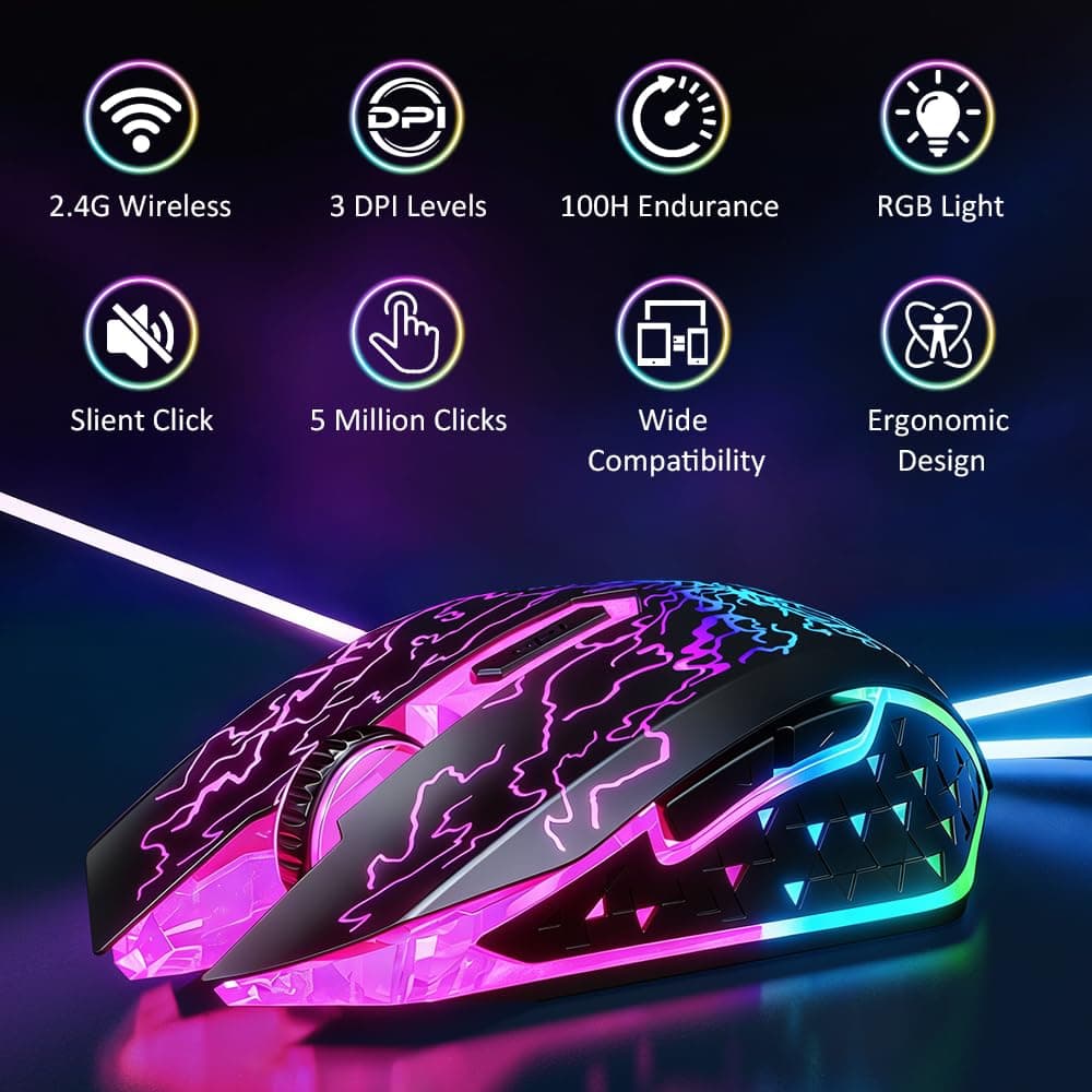 VersionTECH. Wireless Gaming Mouse, Rechargeable Computer Mouse Mice with Colorful LED Lights, Silent Click, 2.4G USB Nano Receiver, 3 Level DPI for PC Gamer Laptop Desktop Chromebook Mac -Black — view 2