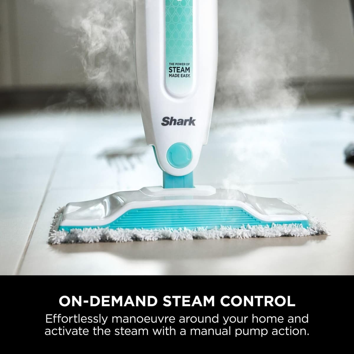 Shark Steam Mop, Lightweight Steam Mop for Hard Floors with 2 Machine Washable Cleaning Pads & Fill Flask, 375ml Capacity, 5.5m Power Cord, 30 Second Heat-Up, White & Green S1000UK — view 3