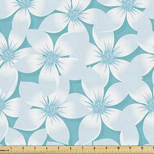 Lunarable Turquoise Fabric by The Yard, Macro Tropical Hibiscus Flowers Pattern in Gradient Colors Hawaiian Exotic Print, Decorative Fabric for Upholstery and Home Accents, 1 Yard, Ivory Blue