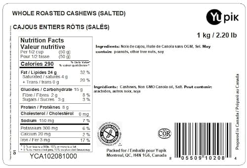 Yupik Roasted Salted Whole Cashews, 1 kg, Gluten-Free, Kosher, Vegan, Seasoned Nuts, Lightly Coated with Salt, Source of Protein & Iron, Crunchy, Savory Snacks