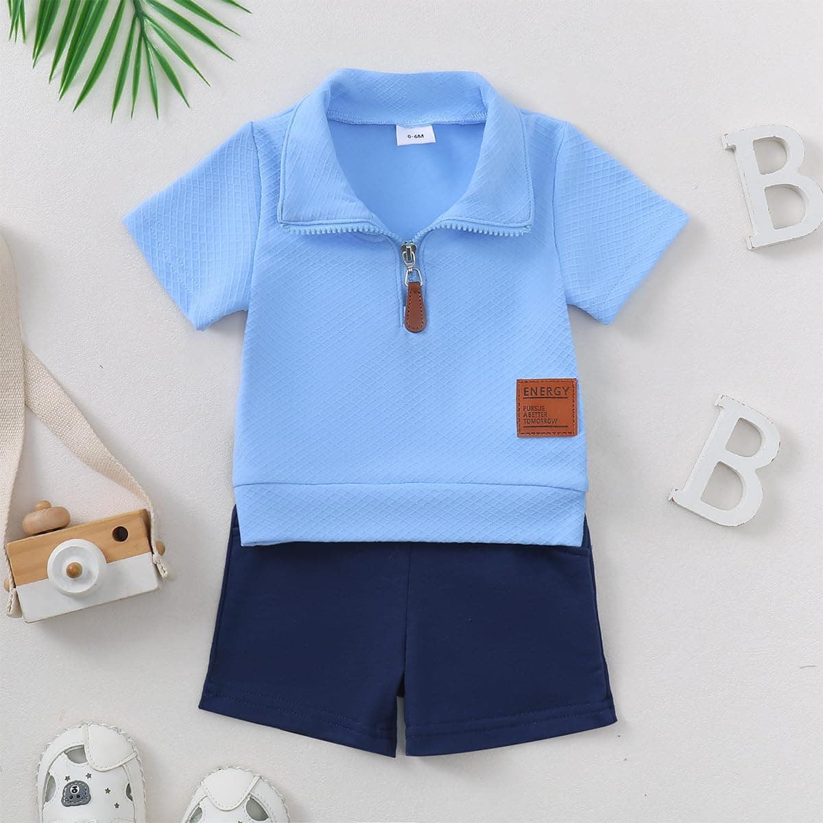 Conjunto Ropa para Niños Pequeños Manga Corta con Cuello Vuelto Camiseta Polo Lisa/Estampada y Pantalones Cortos 2 Piezas Chándal Traje para Verano — view 2