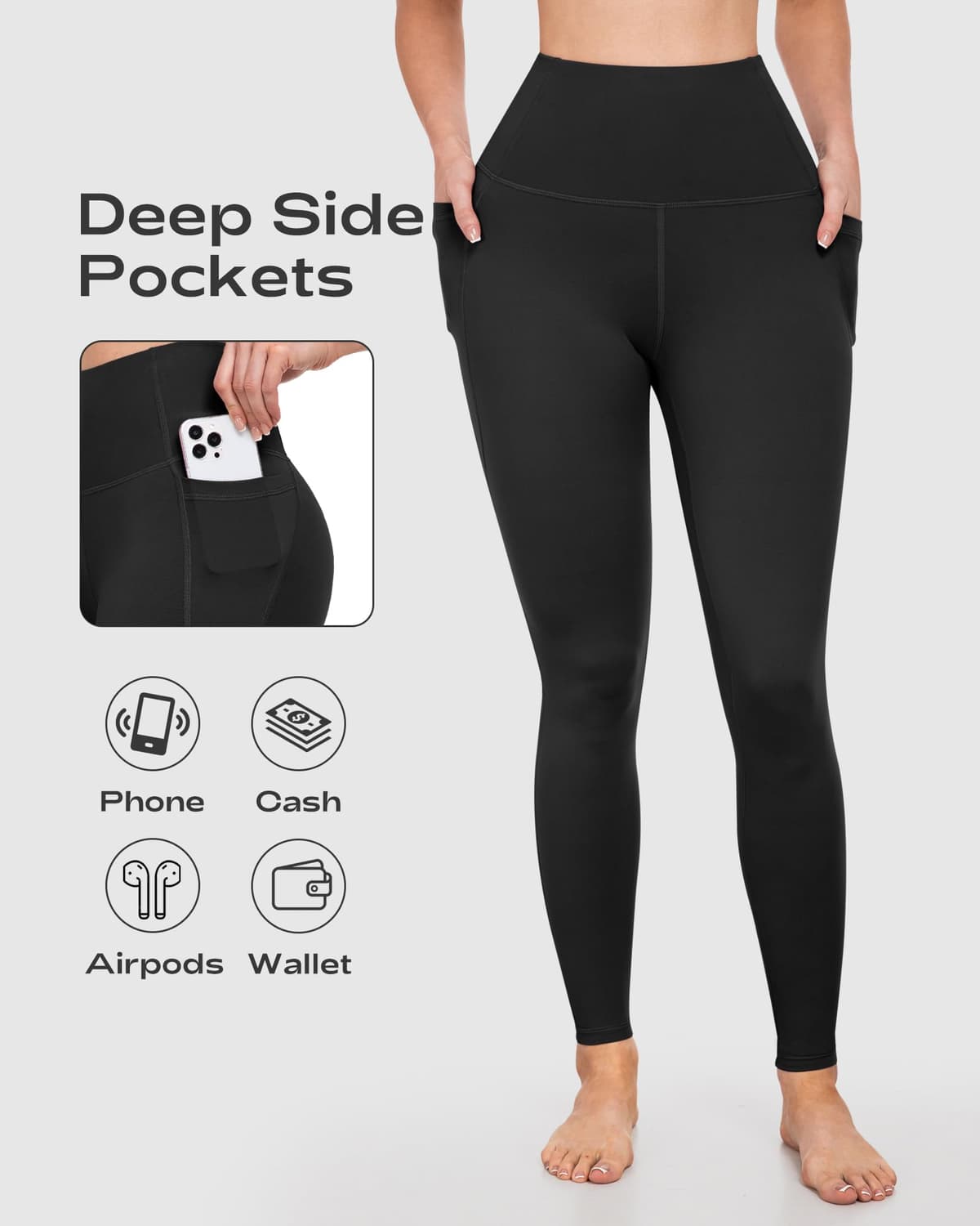 Leggings con bolsillos para mujer, control de abdomen, cintura alta, suaves, para entrenamiento, atletismo, correr, yoga, gimnasio — view 3
