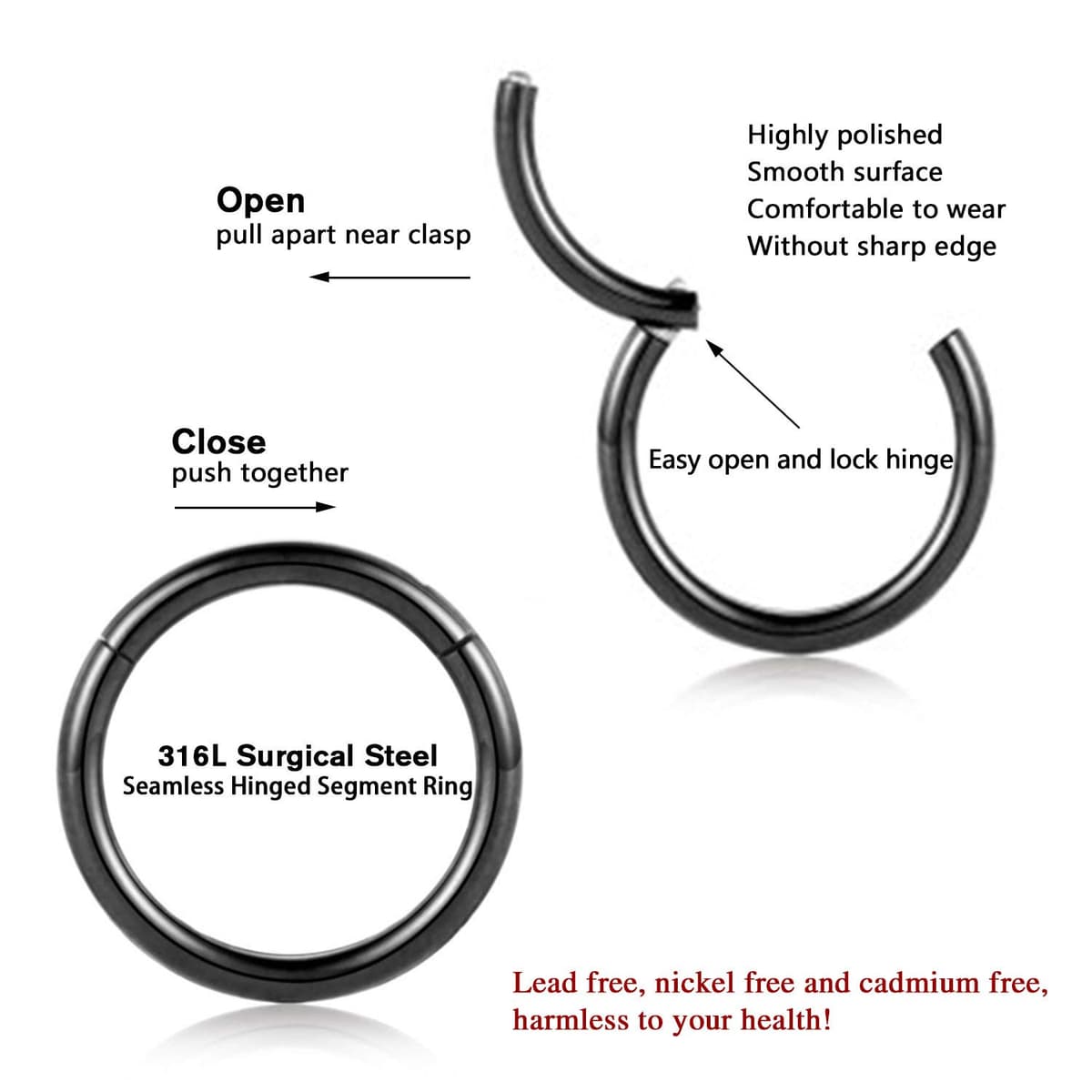 AROWRO 316L Surgical Steel Hinged Nose Rings Hoop 20G 18G 16G 14G 12G 10G 8G 6G 4G Seamless Piercing Rings for Nose Septum Cartilage Helix Tragus Conch Rook Daith Lobe Diameter 6mm to 14mm — view 4