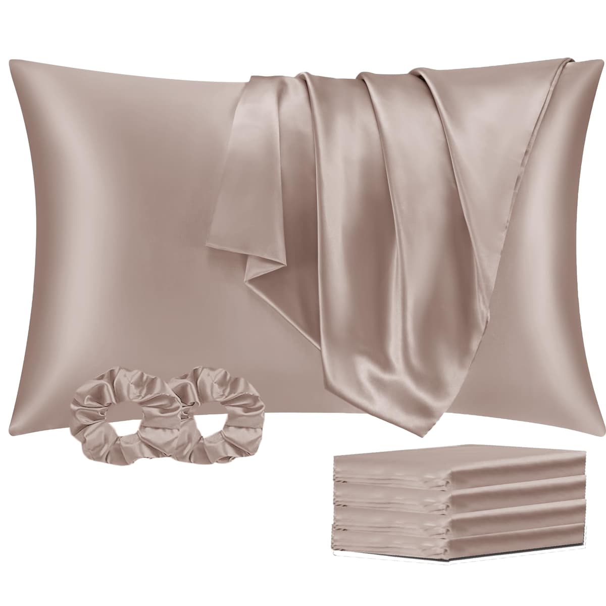 Vielit 2 Pack Satin Pillowcase for Hair and Skin Cooling,Soft as Silk Pillowcase for Hair and Skin,Easier Care than Silk Pillow Case Beige 50x75cm Gifts for Women Envelope & 2 Scrunchies — view 67