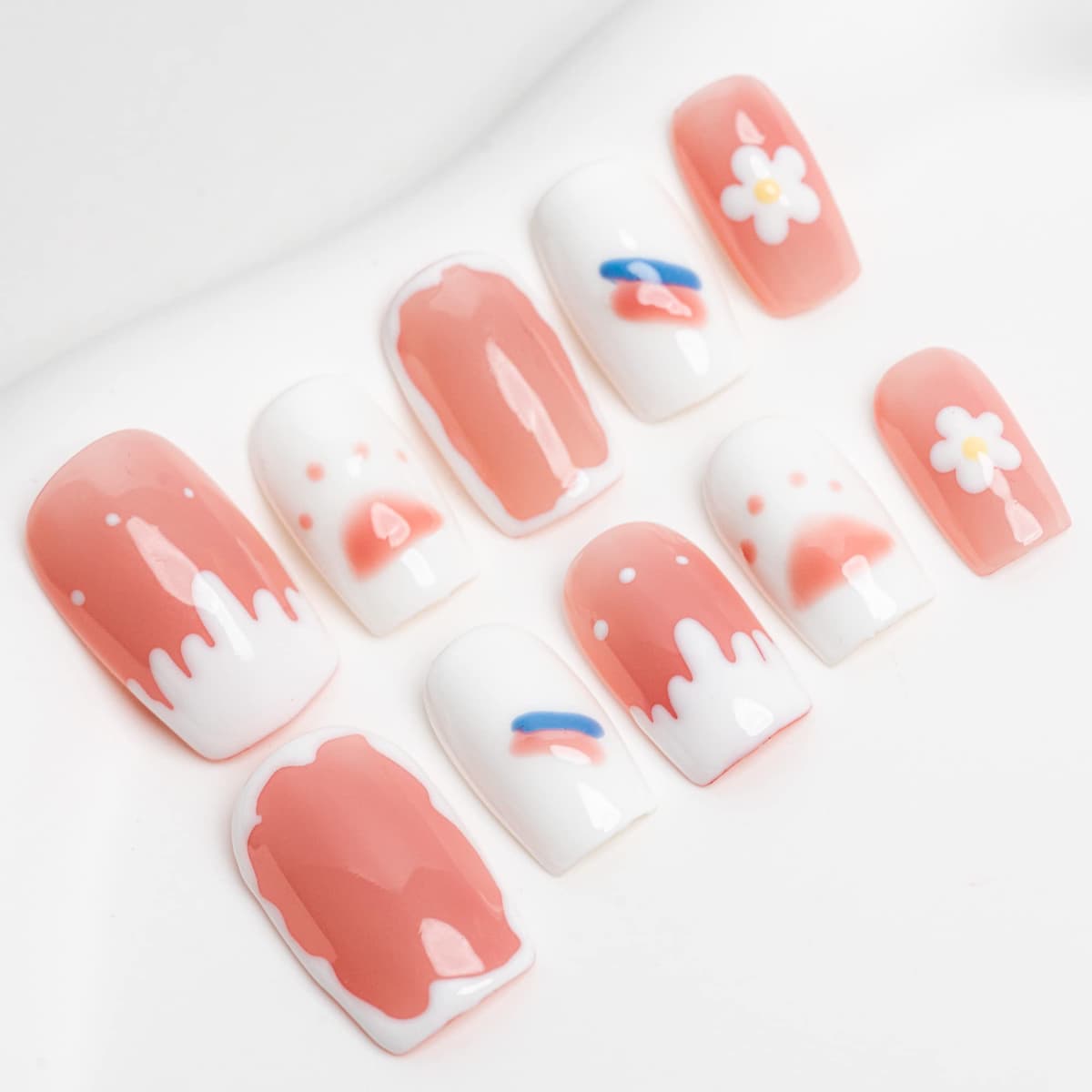 Sun&Beam Nails Handmade Press On Nail Long Coffin Ballerina Pink Flower Acrylic Fake Tip 3D Design Art Charms Cute with Storage Box 10 Pcs (S) — view 130