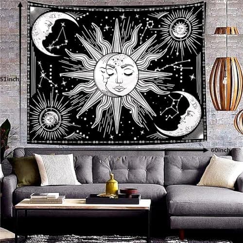 Jation Moon and Sun Tapestry Burning Sun Star Psychedelic Mystic Wall Hanging Poster Black and White Tapestry Art for Home Headboard Dorm Decoration in 150 * 130cm — view 2