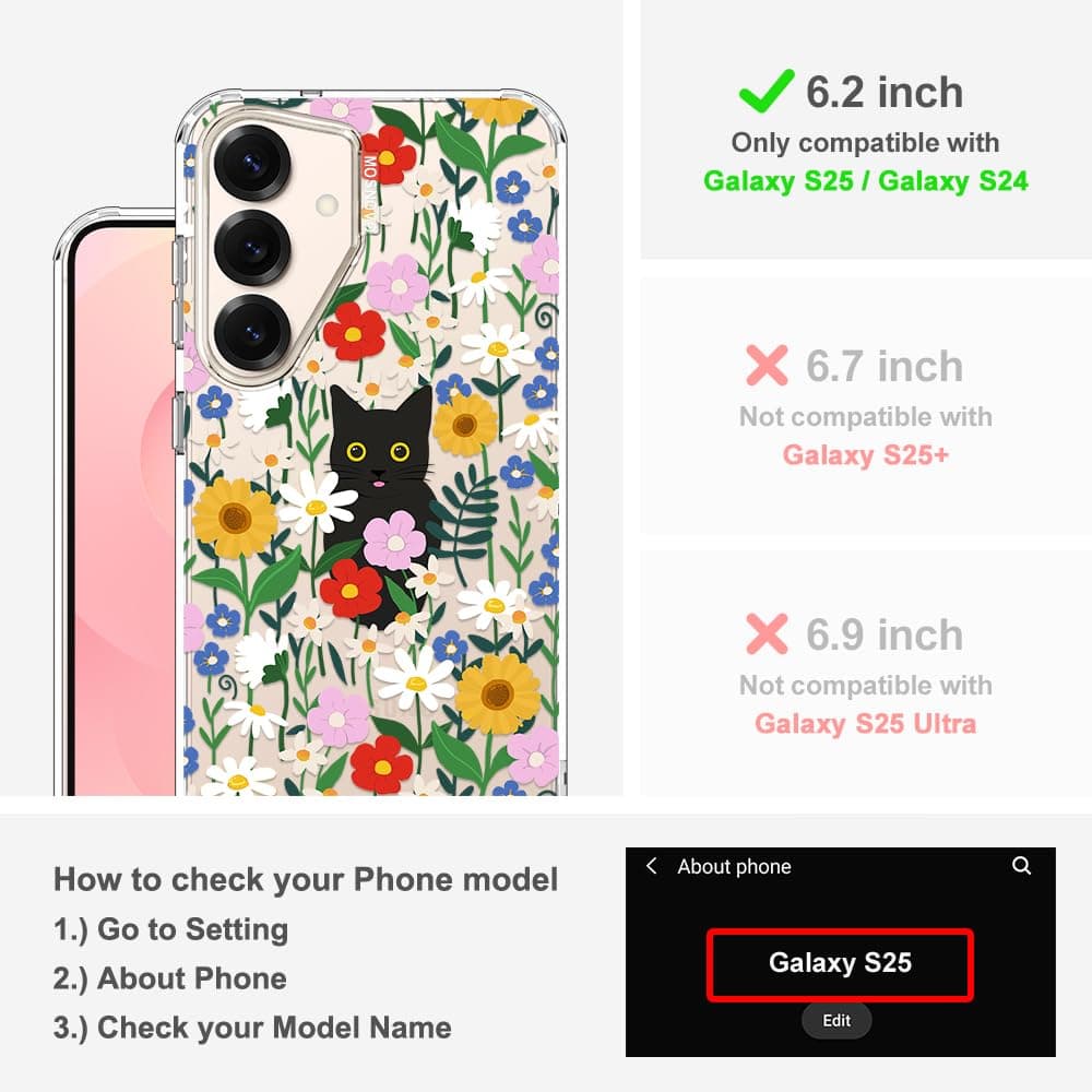 MOSNOVO Case for Samsung Galaxy S25 / Galaxy S24, [Buffertech 6.6ft Military-Grade Drop Protection] [Anti Peel Off Tech] Clear TPU Bumper Phone Case Cover Design - Black Cat in Garden — view 2