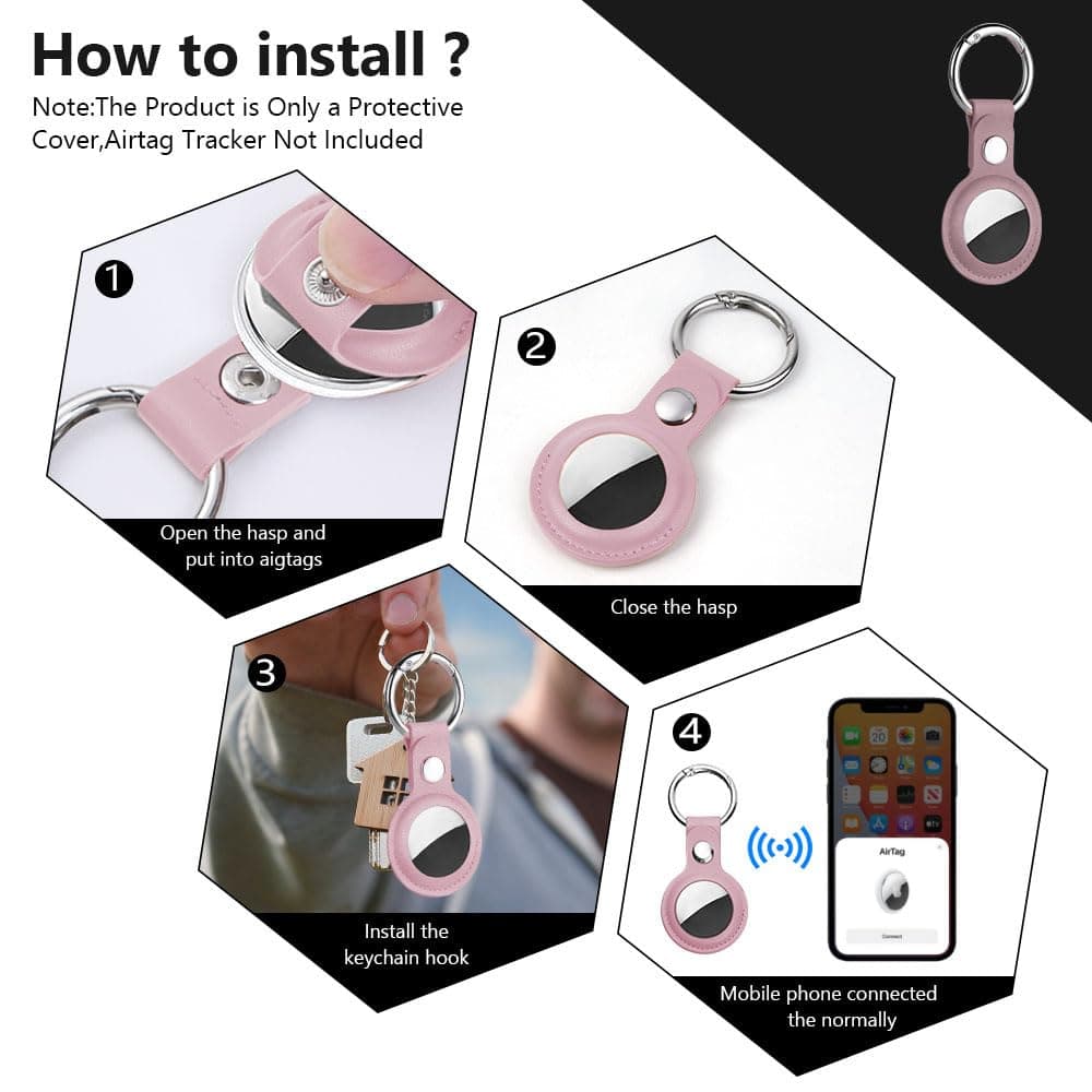 Ainiv Protective Case for Apple Airtags, 1 Pack Pink PU Leather Keyring Case, Tracker Cover for AirTags, Pet Dog Cat Collar Locator Tracker Cover, Key Finder Case for AirTag — view 4