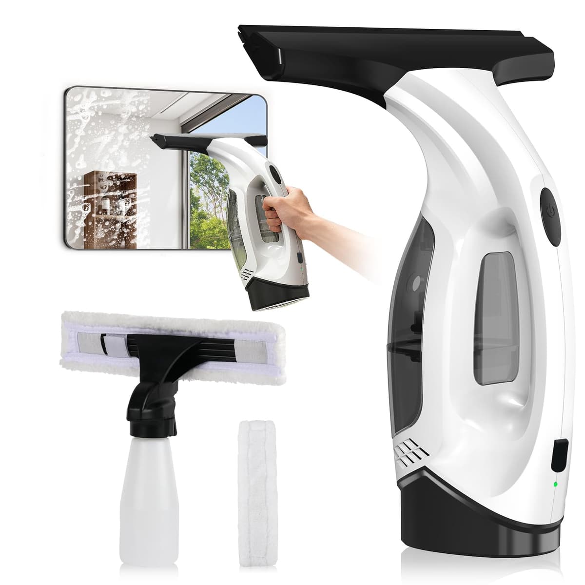 Window Vacuum Squeegee Cordless, 2000Pa Electric Window Cleaner Tool with 2200mAh & 150ml Water Collection Tank, Cleaning Kit Shower Squeegee for Glass Doors, Tiles, Mirrors, Car (White)