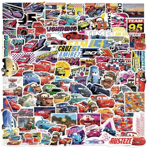 100PCS Cartoon Movie Cars Stickers for Kids,Vinyl Waterproof Princess Decal for Water Bottle Laptop Toy Sticker for DIY Decorate Bumper Phone Hard Hat Kids Teens Gifts (CAR) — view 2
