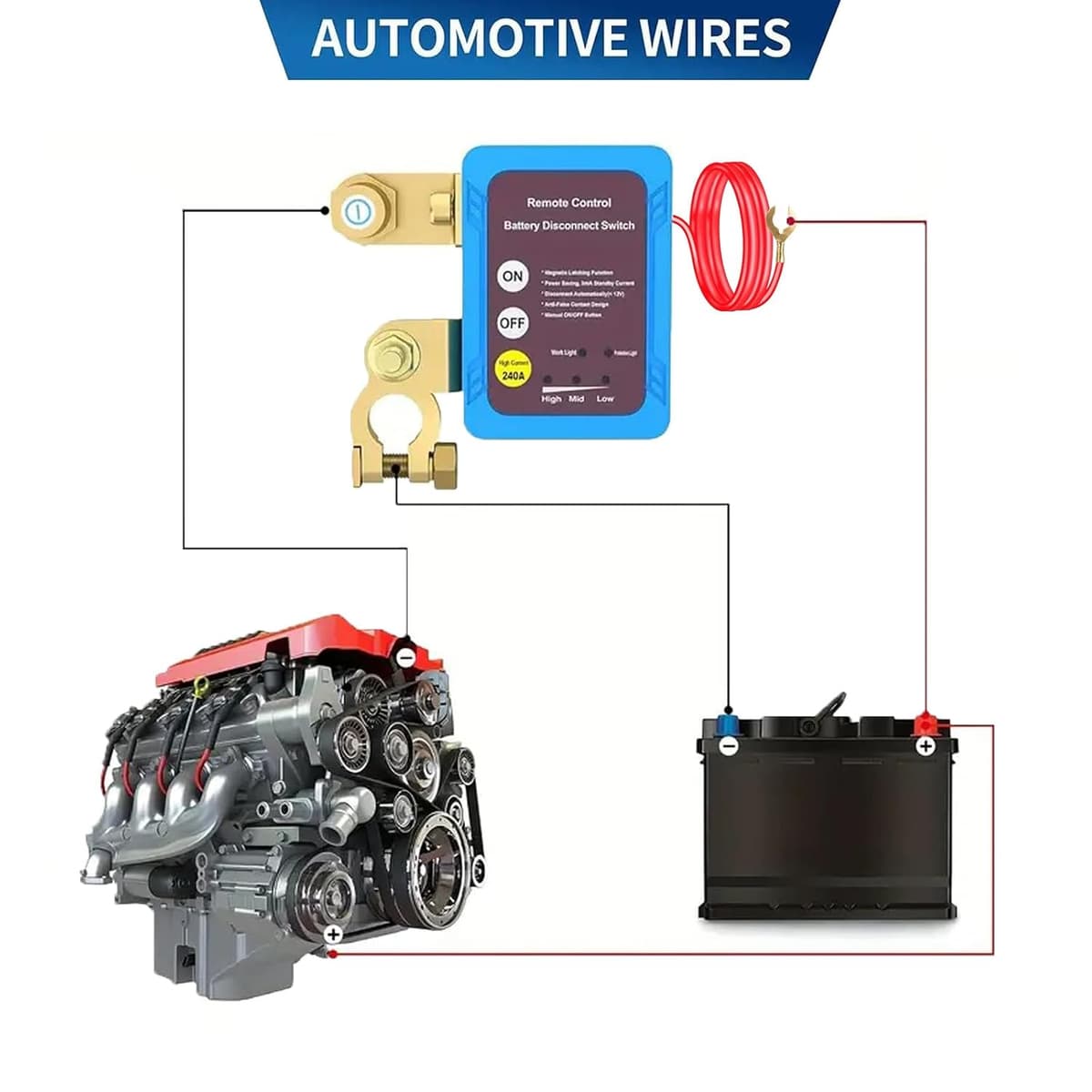 AULESSE Car Battery Disconnector, 12V 240A Short Current Car Battery, Remote Battery Disconnect Switch with 2 Remote Control, — view 4