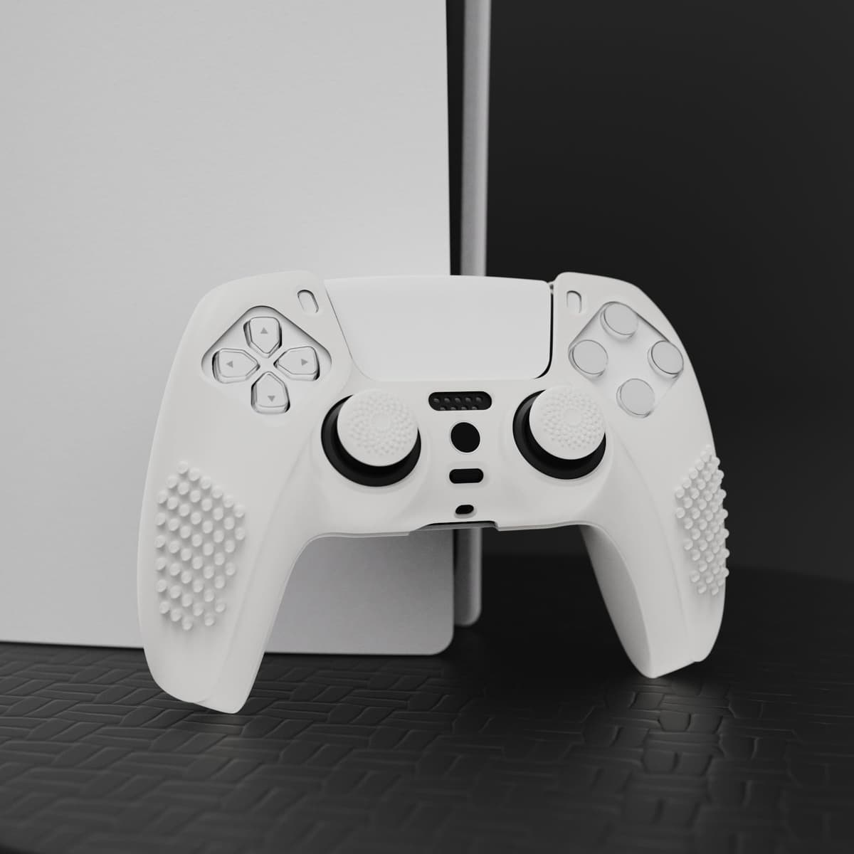 eXtremeRate PlayVital Funda de Silicona para ps5 Mando - Carcasa Protectora con 6 Tapas de Joysticks, Impermeable, Resistente y Antideslizante, Funda de Goma Suave para ps5, 3D Tachonado (Blanco) — view 3