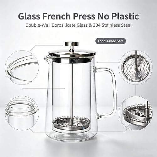 Briclis Glass French Press Coffee Maker 34oz, Embedded Dried Flower Double Wall Borosilicate Coffee Press, No Plastic, 4-Level Stainless Steel Filter for Tea & Cold Brew, Cute Decorative Design — view 3
