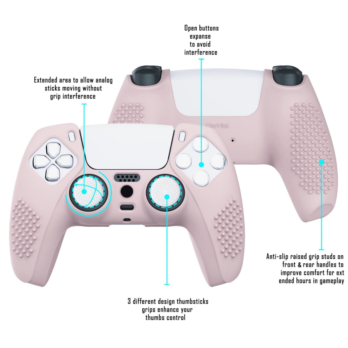 eXtremeRate PlayVital Cherry Blossoms Pink 3D Studded Edition Anti-slip Silicone Cover Skin for ps5 Controller, Soft Rubber Case for ps5 Wireless Controller with 6 White Thumb Grip Caps — view 4