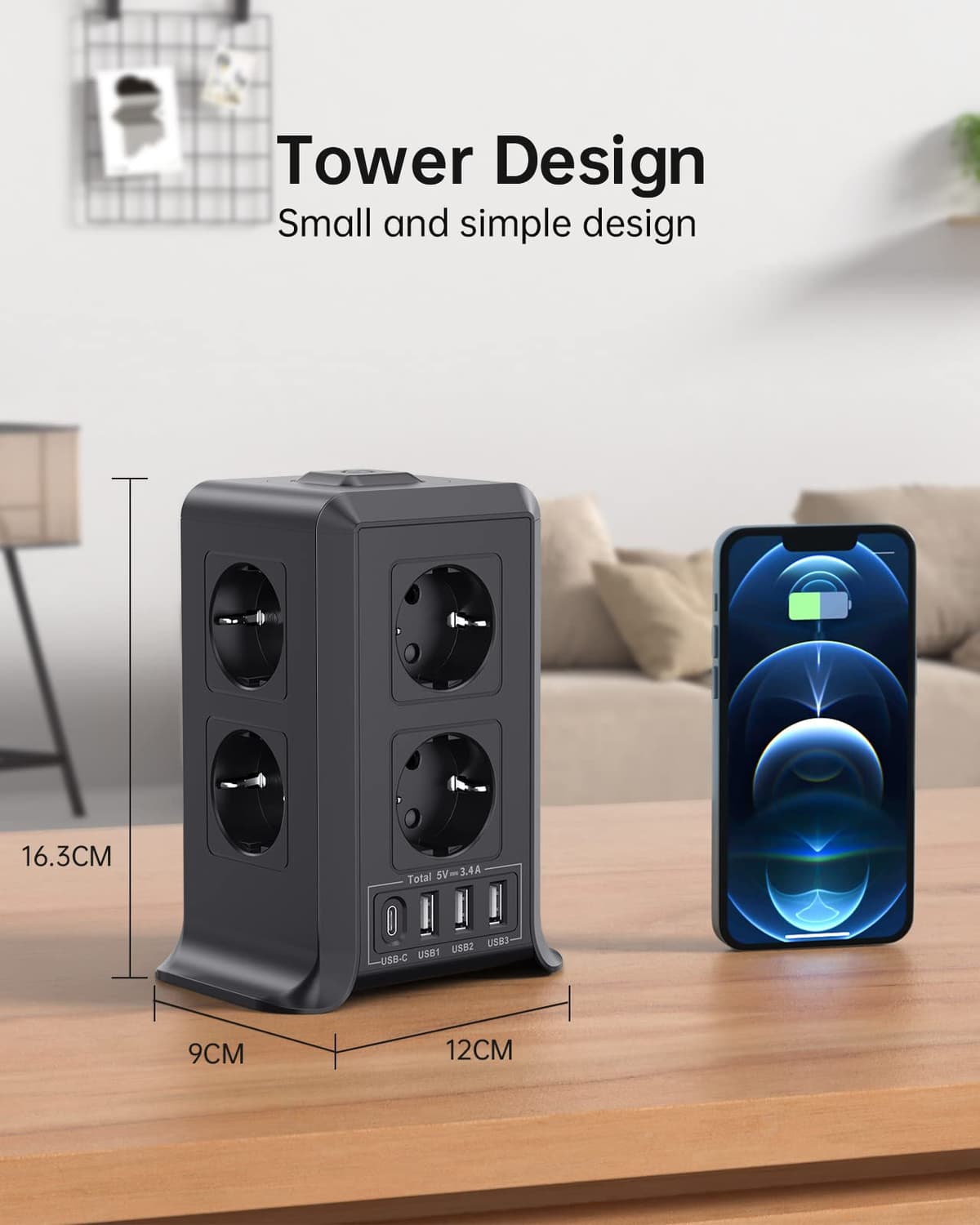 Torre Regletas Enchufes, Regleta USB 8 Tomas de AC y 4 USB Enchufe Multiple, 2500W/10A,Regleta Enchufes Proteccion Sobretension, 2M Regreltas Vertical con Interruptor para Mesa, Oficia, Casa, Negro — view 6