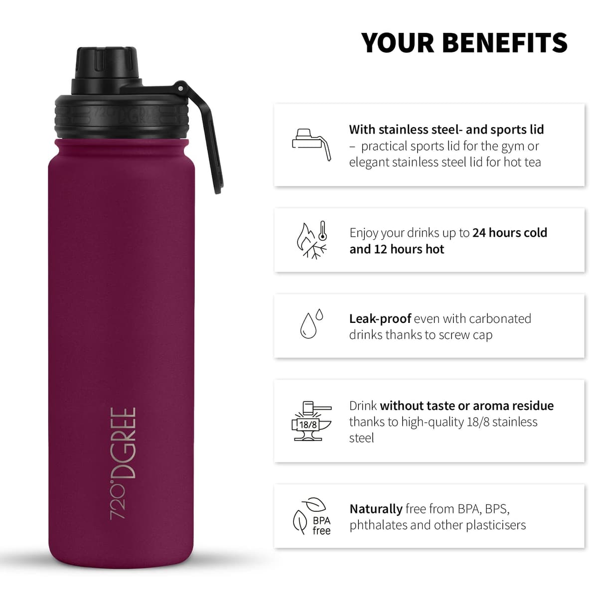 720°DGREE Botella Agua Termo Acero Inoxidable “noLimit“ – 410ml, 530ml, 710ml, 950ml, 1200ml - Sin BPA Free, Antigoteo y Prueba de Fugas - Frasco térmico, Cantimplora Aislada +Cubierta Deportes Gratis — view 2