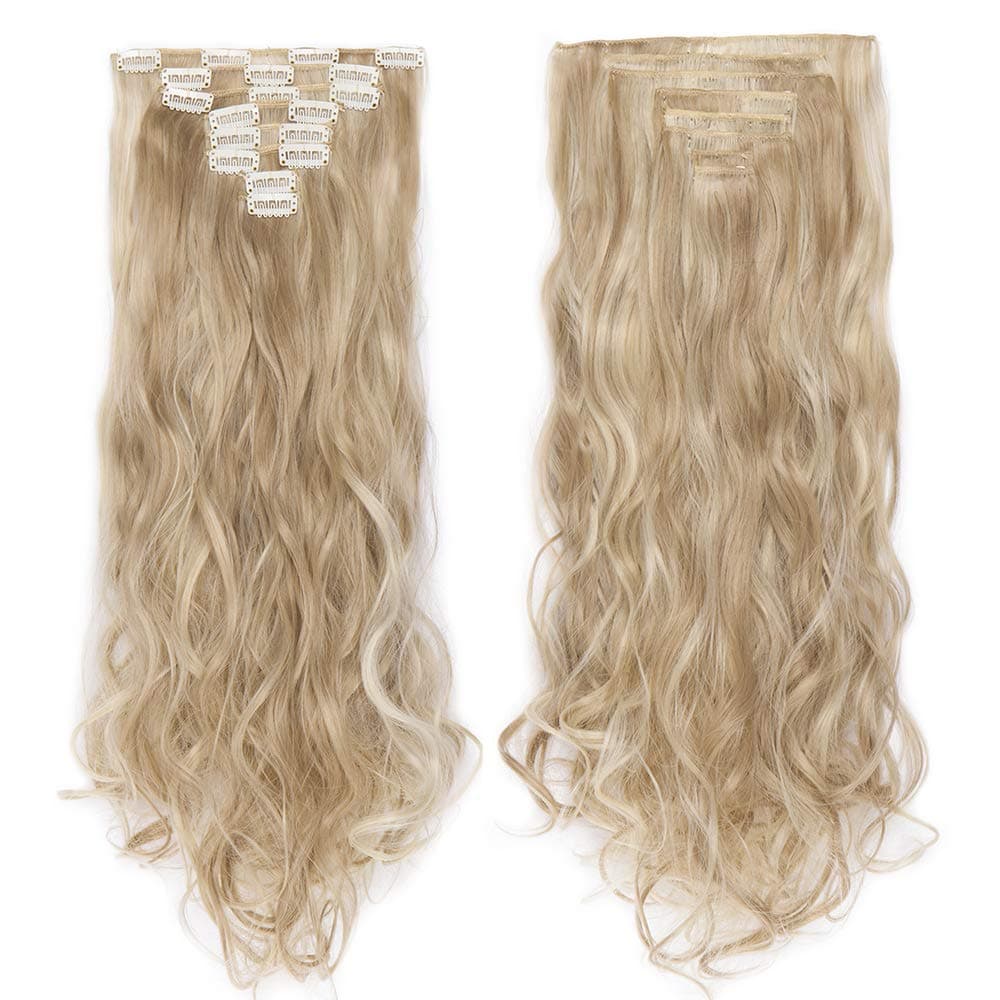 24"(60cm) SEGO Extensiones de Cabello Clip de Pelo Sintético Se Ve Natural 8 PCS [Sandy Rubio mezcla Blanqueador Rubio] Rizado Ondulado Largo Postizos Pelucas (140g) — view 5