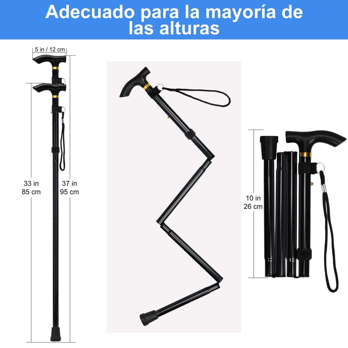 supregear Bastón Plegable, 5 Niveles de Altura Ajustable, Ligero y Portátil para Viaje, Mango en T y Pulsera, Extensible para Personas Mayores y Adultos con Discapacidad — view 2