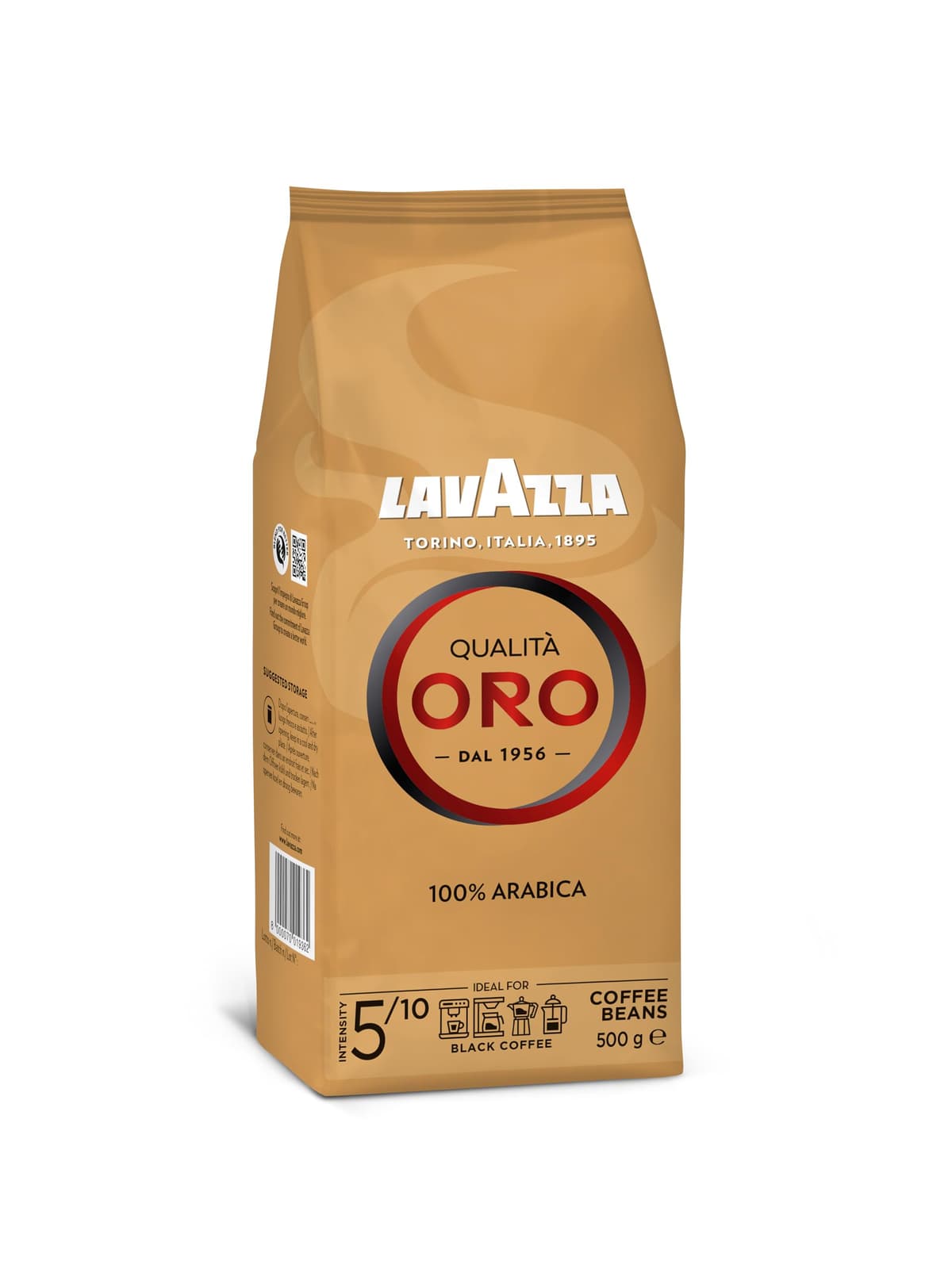Lavazza, Qualità Oro, Café en Grano Natural, Ideal para la Máquina de Café Espresso, con Notas Aromáticas de Frutas y Flores, 100% Arábica, Intensidad 5, Tueste Medio, Paquete de 500 g