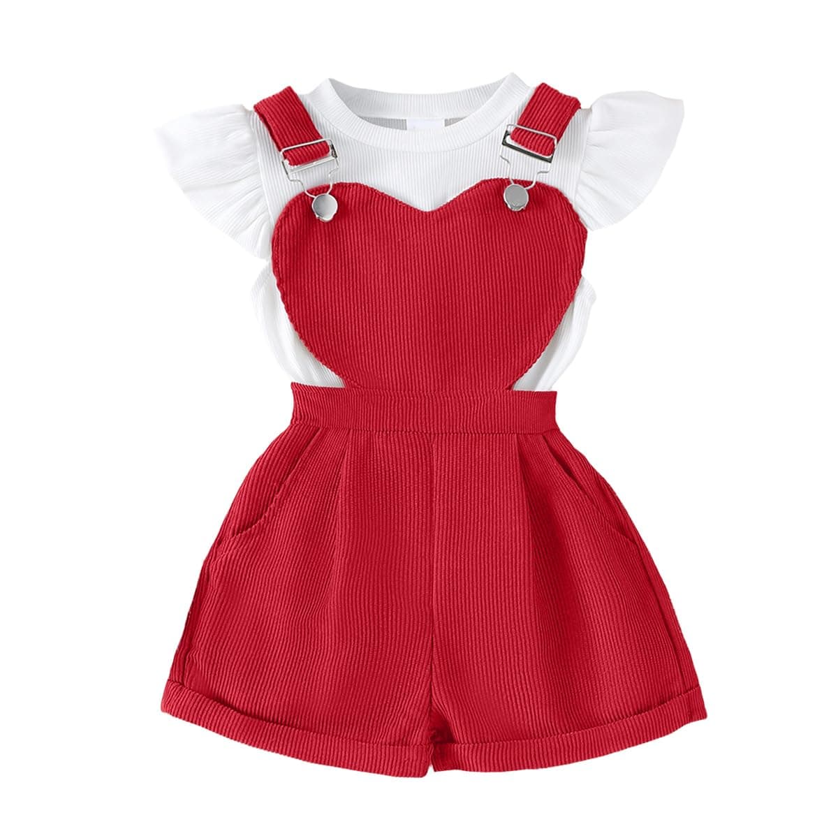 Conjunto Bebé Niña Peto de Verano, Manga Corta Top Acanalado Con Volantes + Ajustable Estampado Floral/Corazones Peto Corto Primavera Conjuntos — view 7