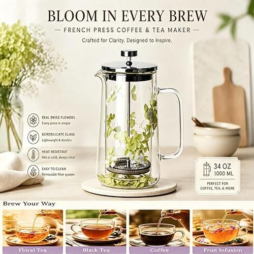 Briclis Glass French Press Coffee Maker 34oz, Embedded Dried Flower Double Wall Borosilicate Coffee Press, No Plastic, 4-Level Stainless Steel Filter for Tea & Cold Brew, Cute Decorative Design — view 2