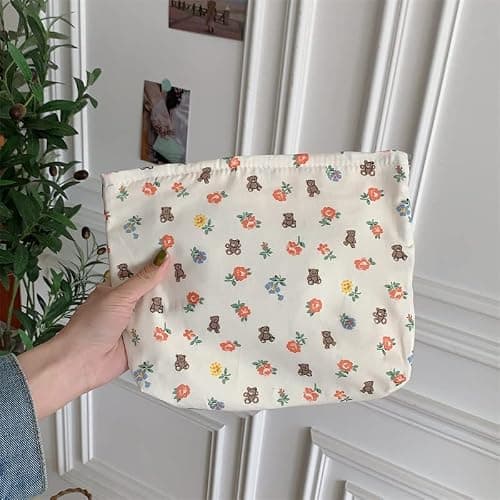 Makeup Bag Large Zipper Make Up Pouch for Purse Travel Canvas Cosmetic Organizer for Women Brush Storage,Flower Bear White — view 5